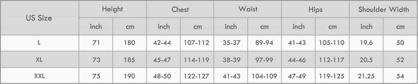 Clothing size chart- SABERS UNLIMITED